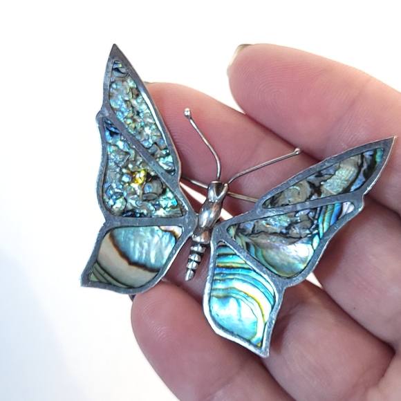 Jewelry - Vintage Mexican Silver Butterfly Brooch with Abalone Inlay
